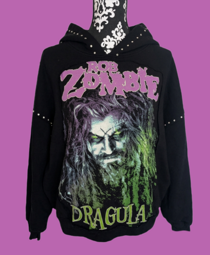 Upcycled ROB ZOMBIE hoodie with rhinestones- size women's L
