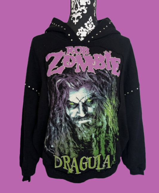 Upcycled ROB ZOMBIE hoodie with rhinestones- size women's L