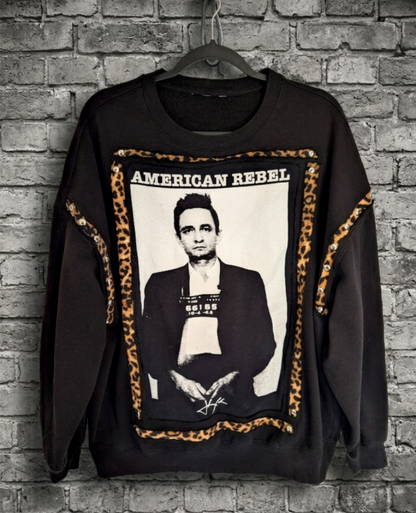 Womens Johnny Cash reworked sweatshirt with leopard- size L/ XL fit