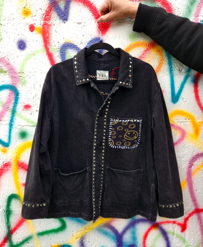 Gender neutrel studded denim 90s rock band collage jacket- womens L/ Mens Med