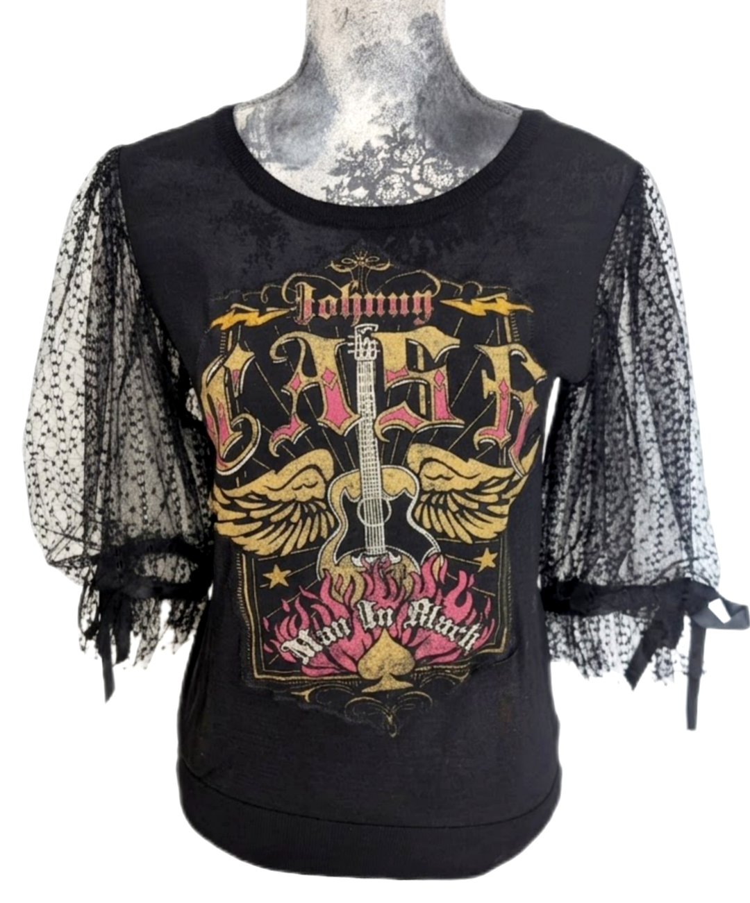 Womens Johnny Cash top with lace sleeves- size Small
