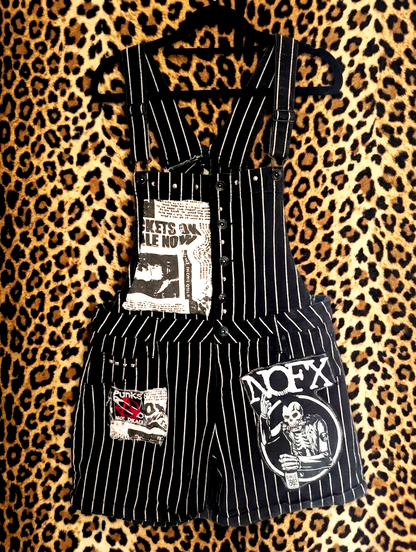 Womens pinstripe reworked NOFX short overalls- size Medium