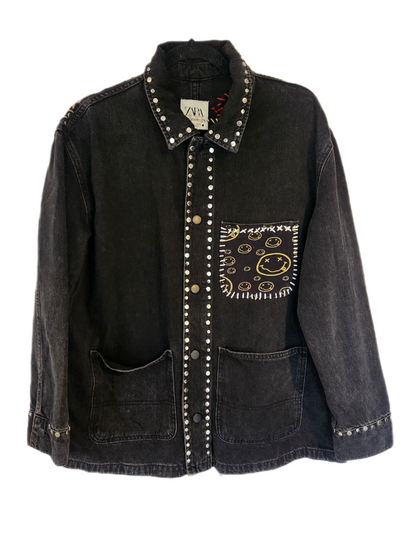 Gender neutrel studded denim 90s rock band collage jacket- womens L/ Mens Med