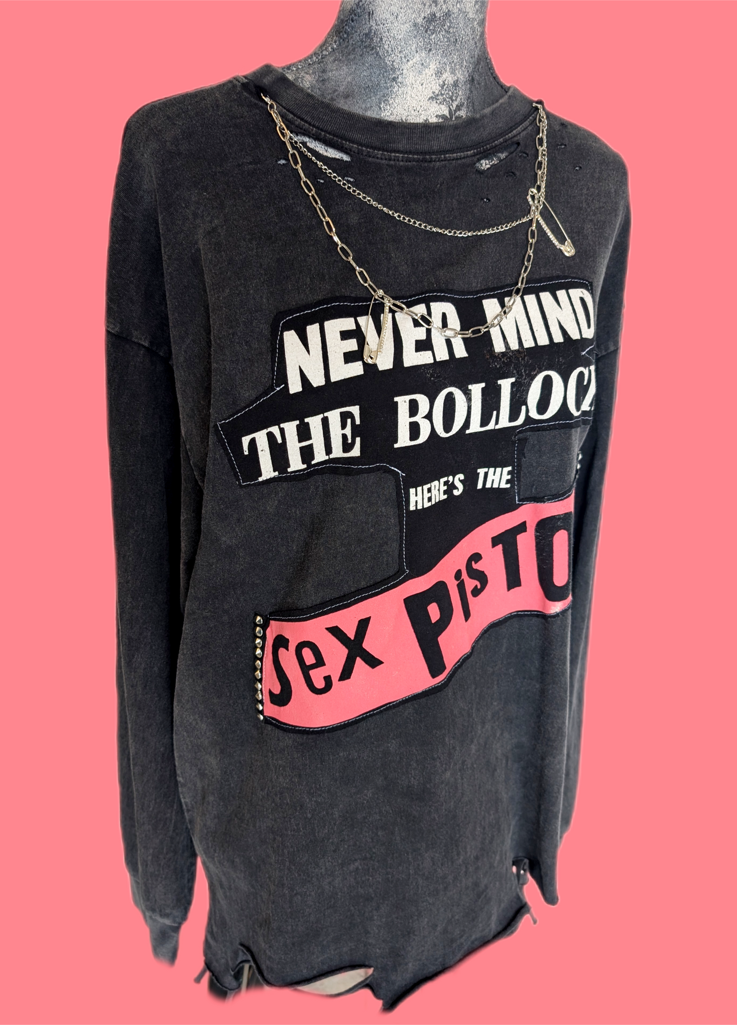 Women's upcycled/ reworked Sex Pistols top with chain and back lyrics- size L/XL