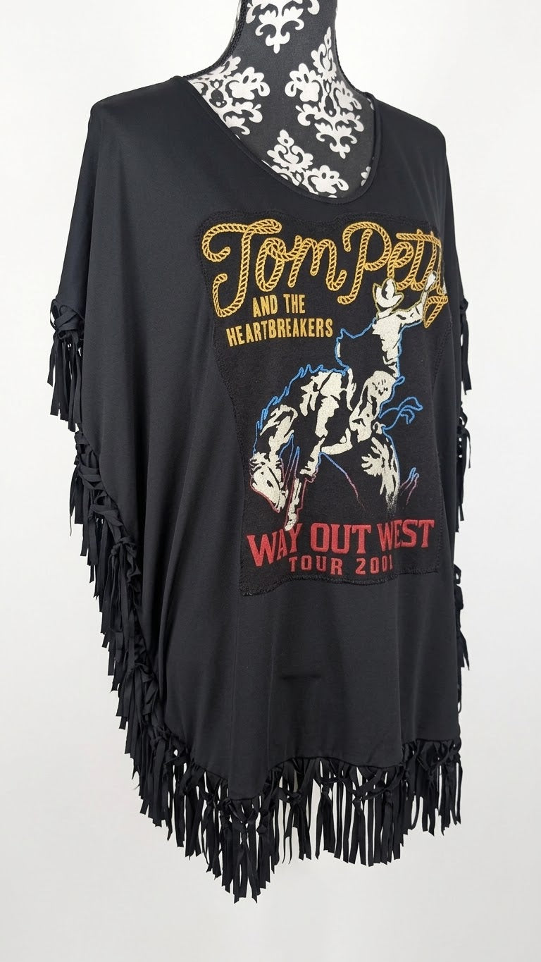 Womens TOM PETTY Way Out West fringed upcycled top- L/ XL fit