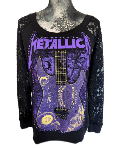 Womens reworked lace sleeve top with Metallica patch- size 1X