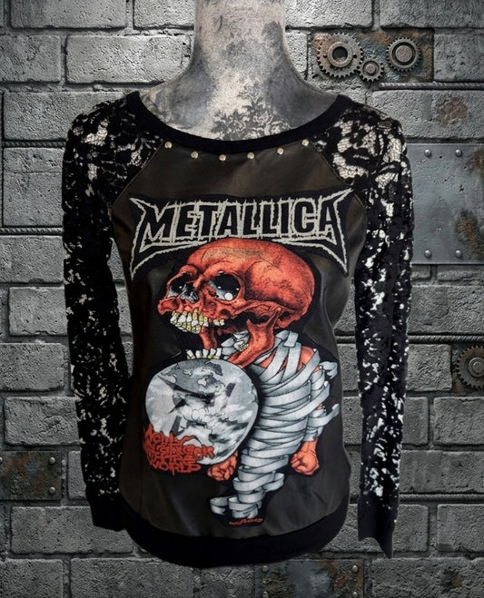 Womens METALLICA faux leather and lace top - size SMALL