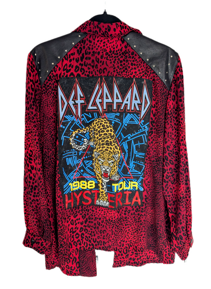 Womens vintage red leopard button up with DEF LEPPARD back patch- size L