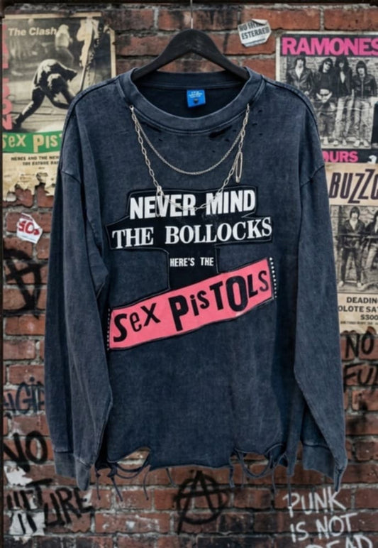 Women's upcycled/ reworked Sex Pistols top with chain and back lyrics- size L/XL