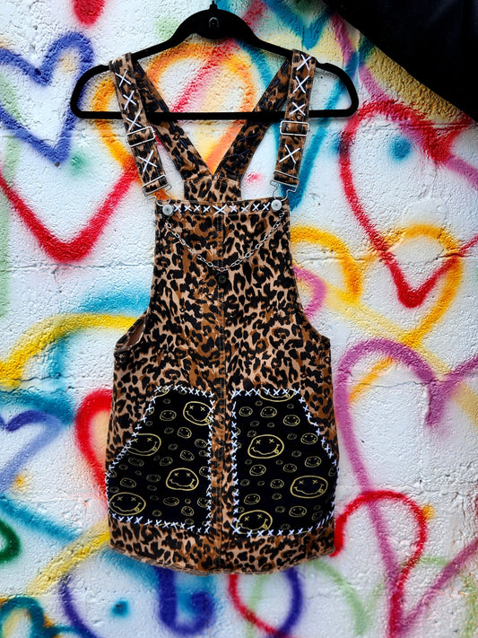 Womens denim leopard overalls dress with Nirvana detailing- womens Small( tshirt not included)