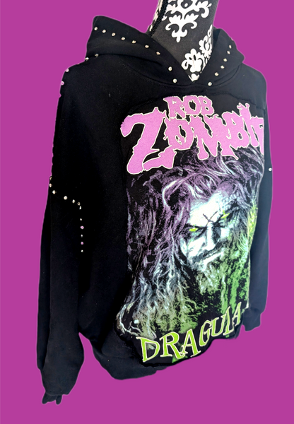 Upcycled ROB ZOMBIE hoodie with rhinestones- size women's L