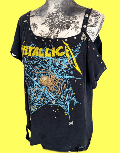 Womens reworked Metallica tee- with spider charms- L/ XL