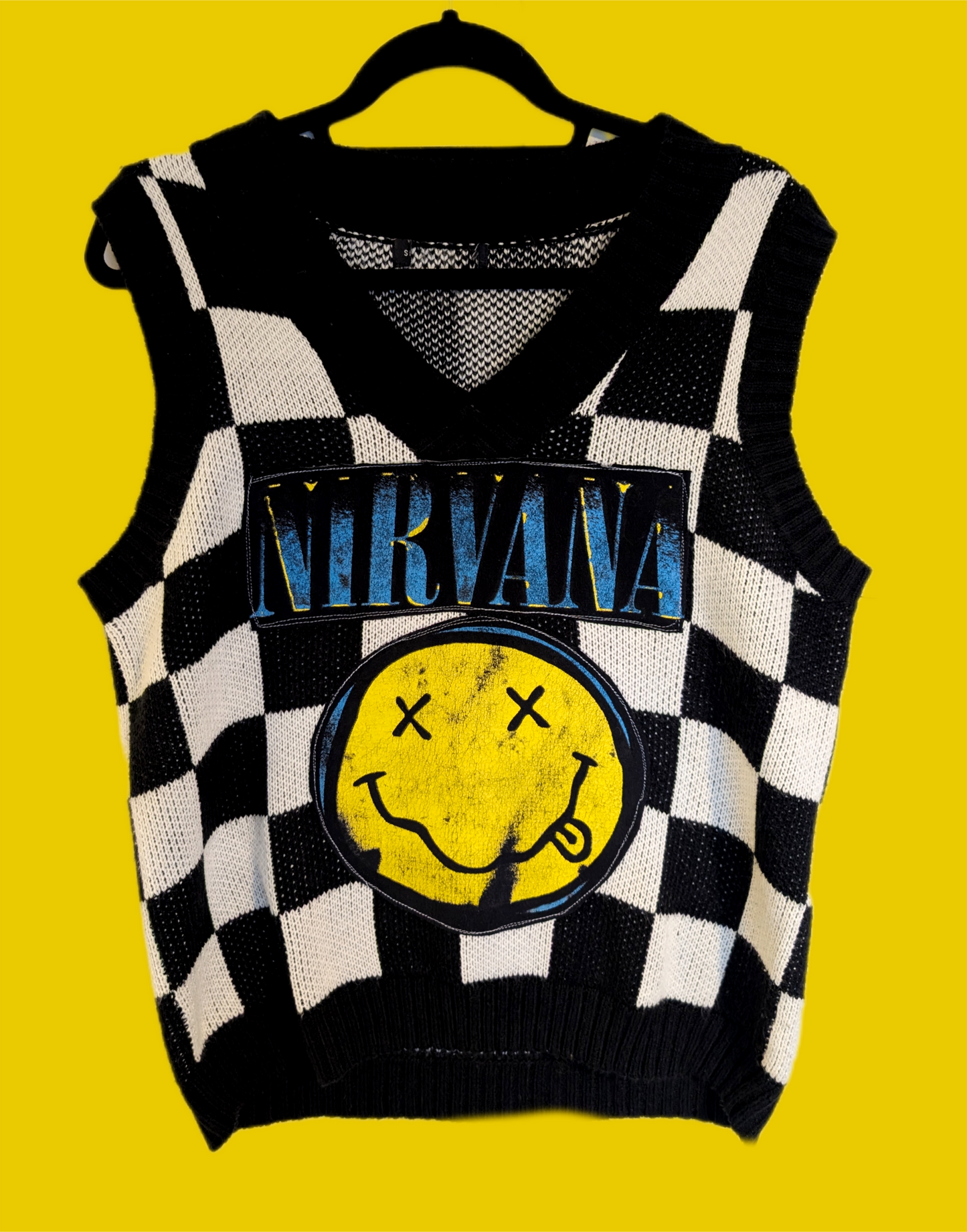 Womens checkered sweater vest with Nirvana- M/L
