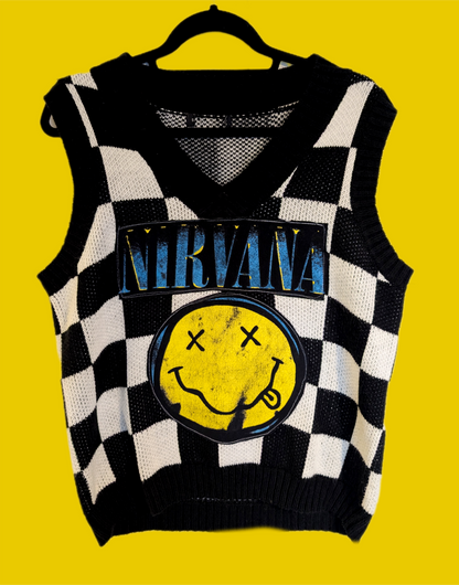 Womens checkered sweater vest with Nirvana- M/L