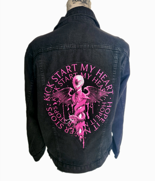 Womens black denim Metal jacket w/ mesh shoulders- medium CLEARANCE!