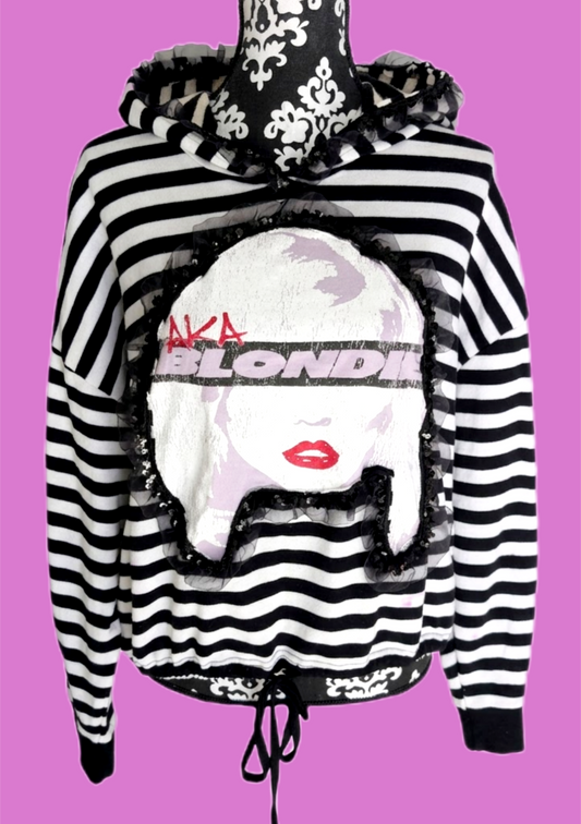 Womens striped BLONDIE Hoodie with lace trim- size Large