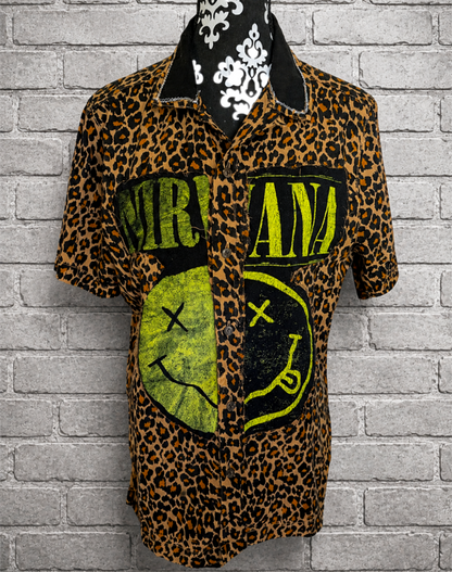 Gender Neutral Nirvana split leopard button up top- men's M/ womens L