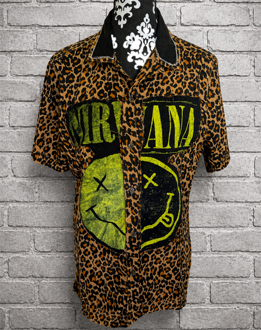 Gender Neutral Nirvana split leopard button up top- men's M/ womens L