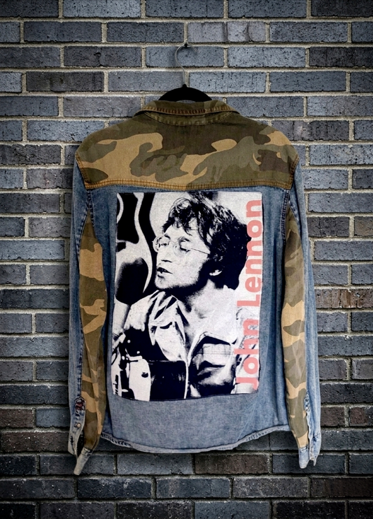 John Lennon Camo-denim button up- men's MED/ womens Large
