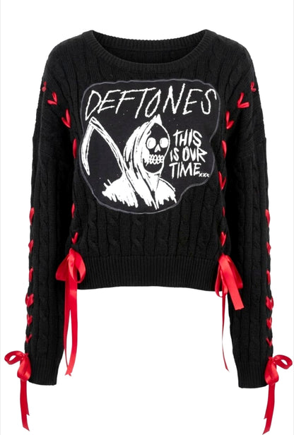 Womens DEFTONES black sweater with red ribbon lacing - L- XL