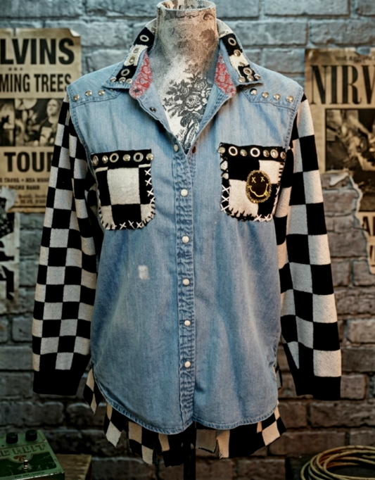 Womens reworked Denim shirt I'm Not Like Them Nirvana inspired- size Medium/ Large fit