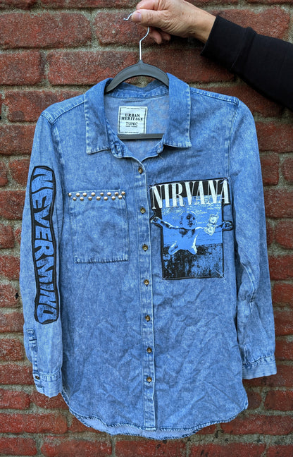 Womens denim NIRVANA Nevermind button up shirt - size Large