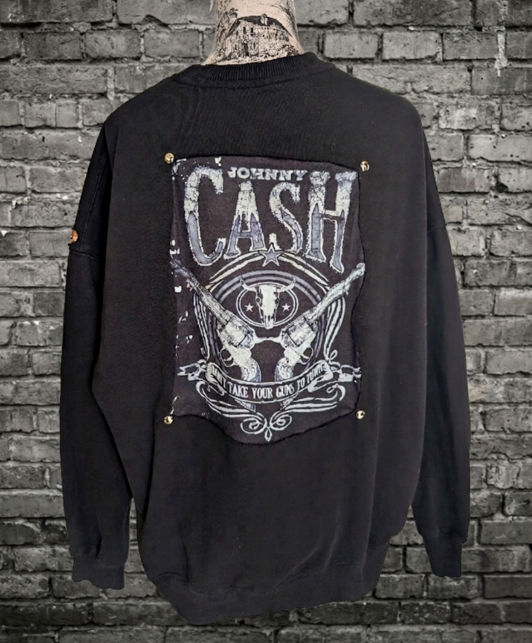 Womens Johnny Cash reworked sweatshirt with leopard- size L/ XL fit