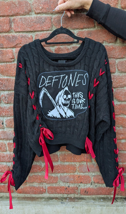 Womens DEFTONES black sweater with red ribbon lacing - L- XL