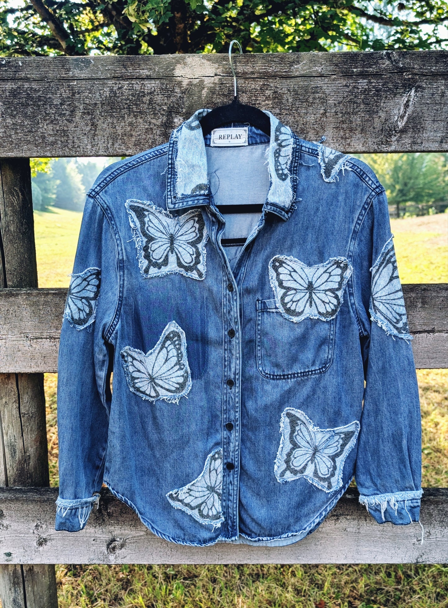 Womens upcycled Butterflies and Dolly denim button up- size Med