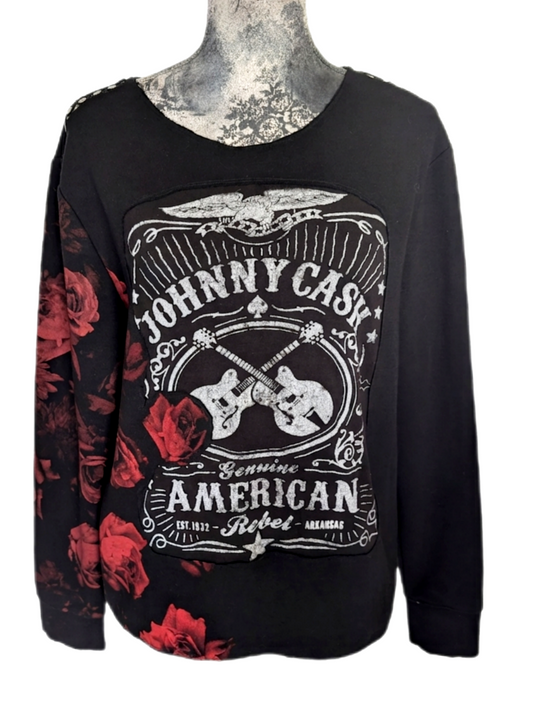 Womens Johnny Cash and Roses upcycled sweatshirt - MED