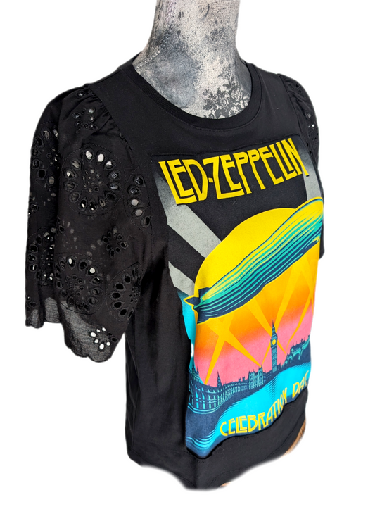 Womens Led Zeppelin black tee with eyelet lace sleeves- S/ M