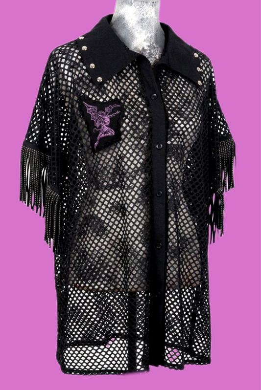 Womens mesh button up top with BLACK SABBATH and fringe sleeves- size O/S