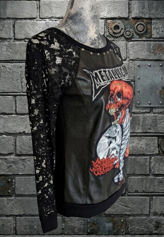 Womens METALLICA faux leather and lace top - size SMALL