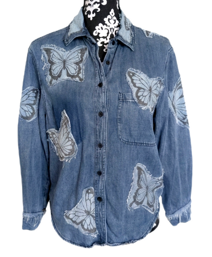 Womens upcycled Butterflies and Dolly denim button up- size Med
