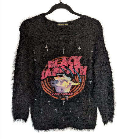Womens black fuzzy sweater with crosses and Black Sabbath patch- Large