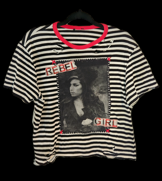 Striped Amy Winehouse Rebel Girl tee- size Large