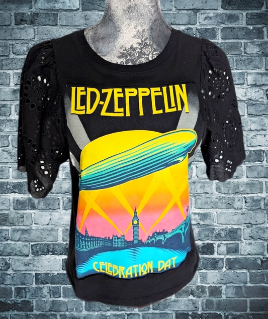 Womens Led Zeppelin black tee with eyelet lace sleeves- S/ M