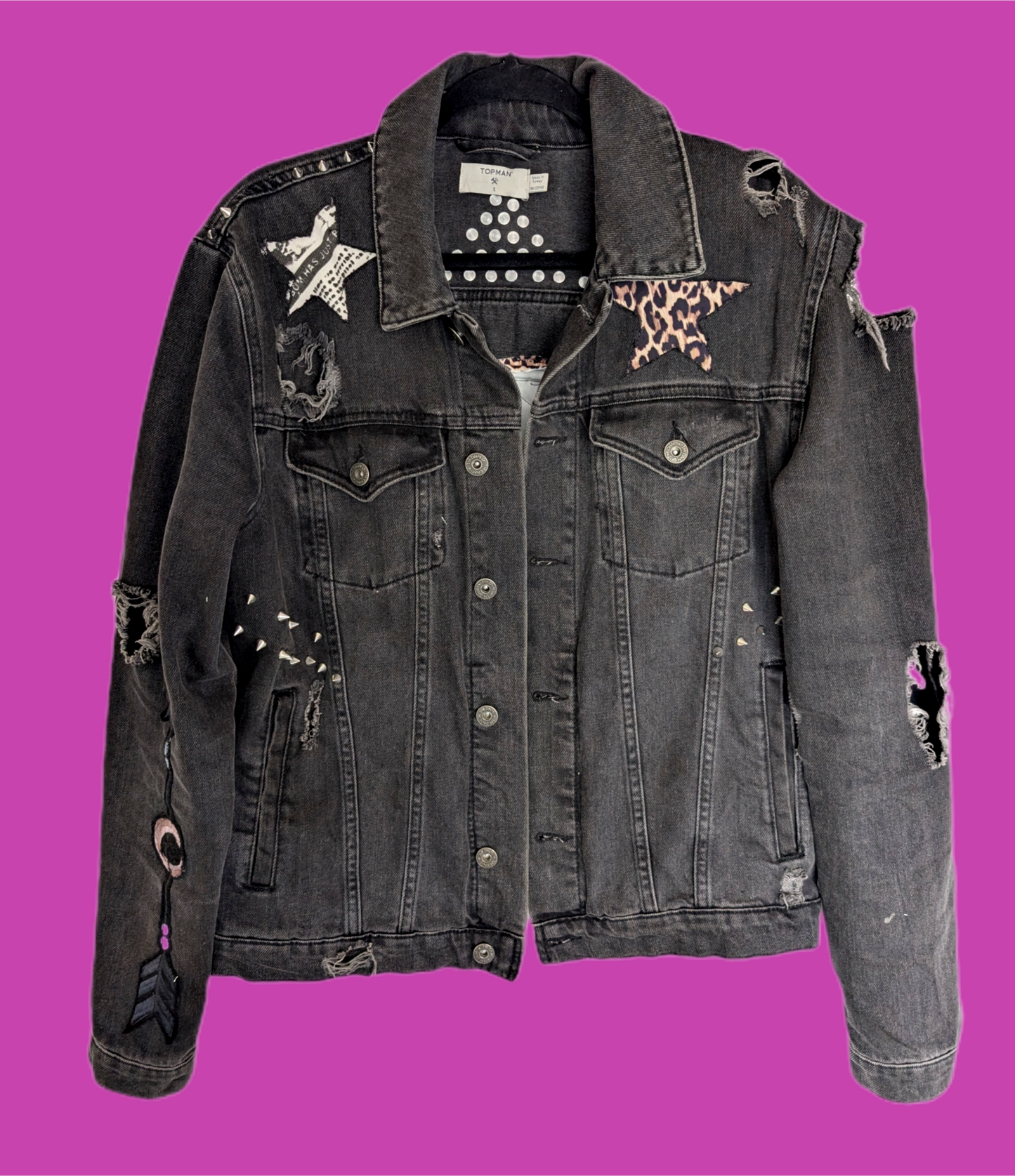 Gender neutral Purple Rain distressed and spiked charcoal denim- men's Small/ womens MEDIUM