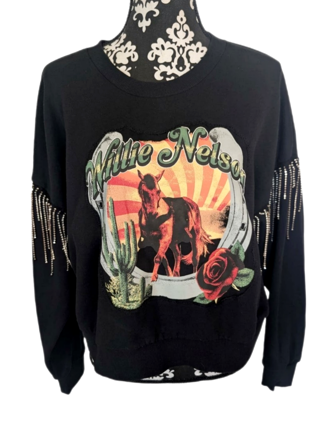 Willie Nelson sweatshirt with rhinestone fringe- size Large