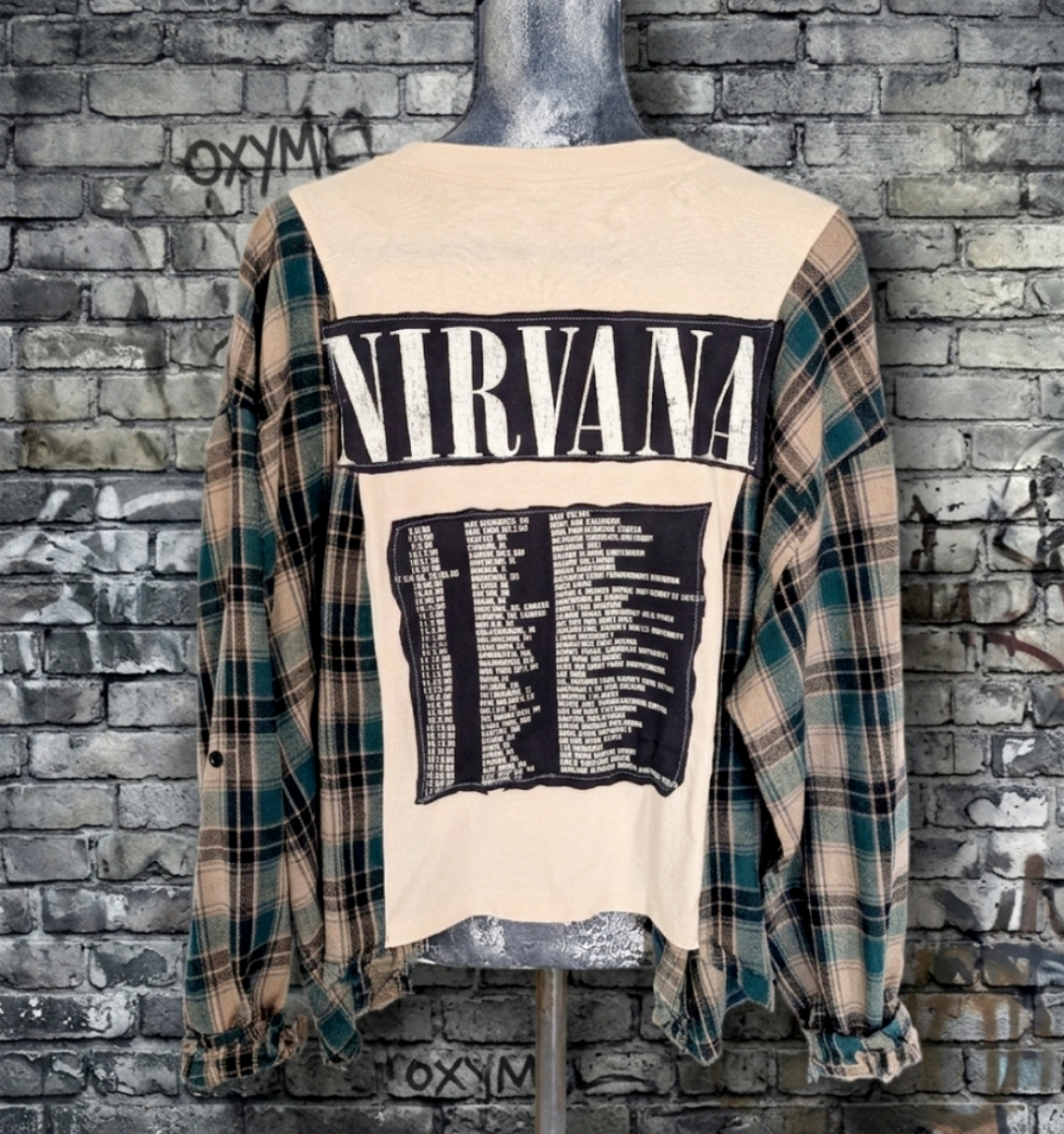 Womens reworked Nirvana tee,/ flannel hybrid- size XL
