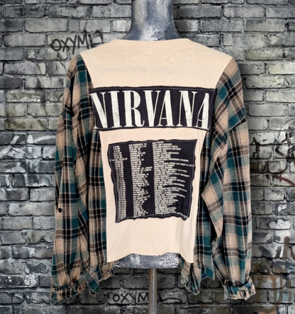 Womens reworked Nirvana tee,/ flannel hybrid- size XL