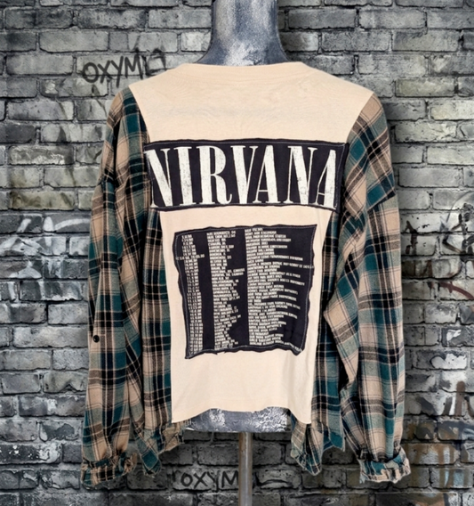 Womens reworked Nirvana tee,/ flannel hybrid- size XL