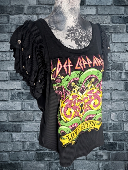 Womens Def Leppard ruffle sleeve top- size XL