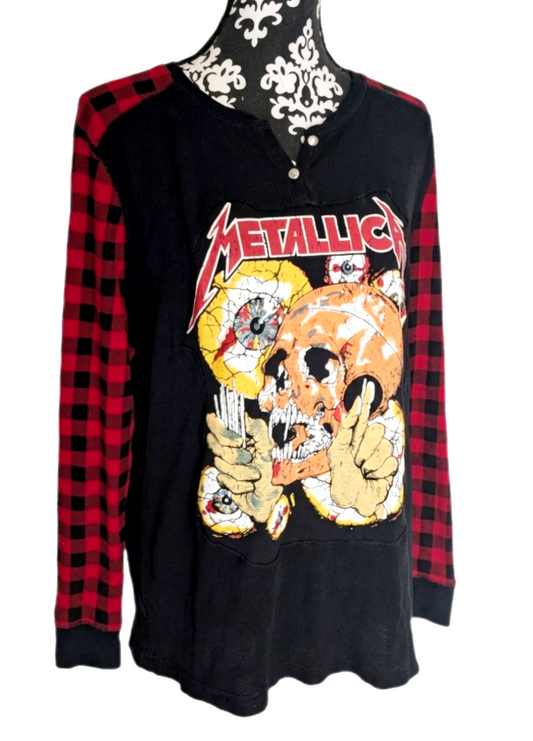 Womens upcycled Metallica thermal top with Skull back- size XL