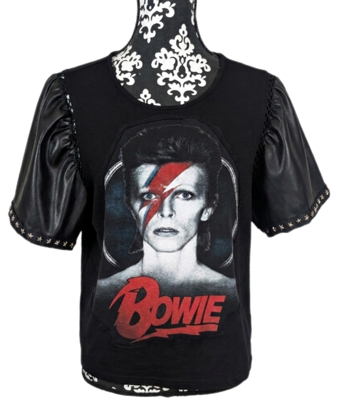 Womens BOWIE top with faux leather sleeves- size Large