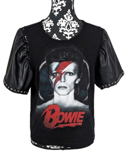 Womens BOWIE top with faux leather sleeves- size Large