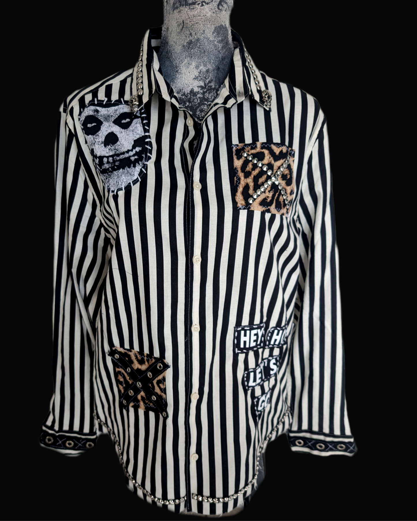 Gender neutral upcycled Punk Rock striped button up with Ramones- womens L men's M