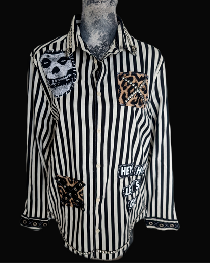 Gender neutral upcycled Punk Rock striped button up with Ramones- womens L men's M