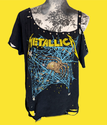 Womens reworked Metallica tee- with spider charms- L/ XL