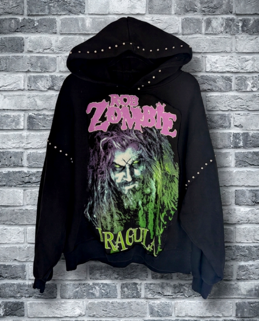 Upcycled ROB ZOMBIE hoodie with rhinestones- size women's L